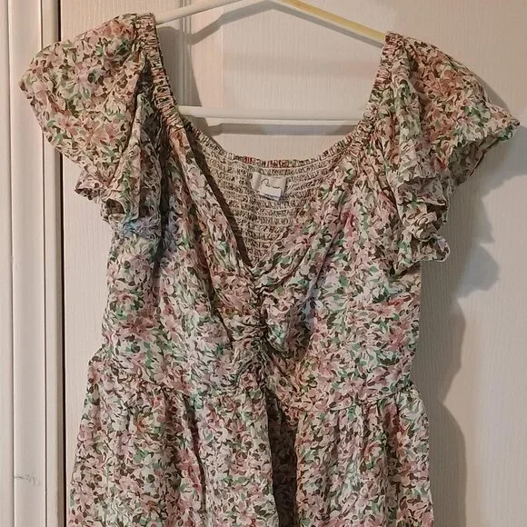 Japna Floral Boho Top Women L Flutter Sleeve Ruched V-Neck Blouse - Picture 1 of 9